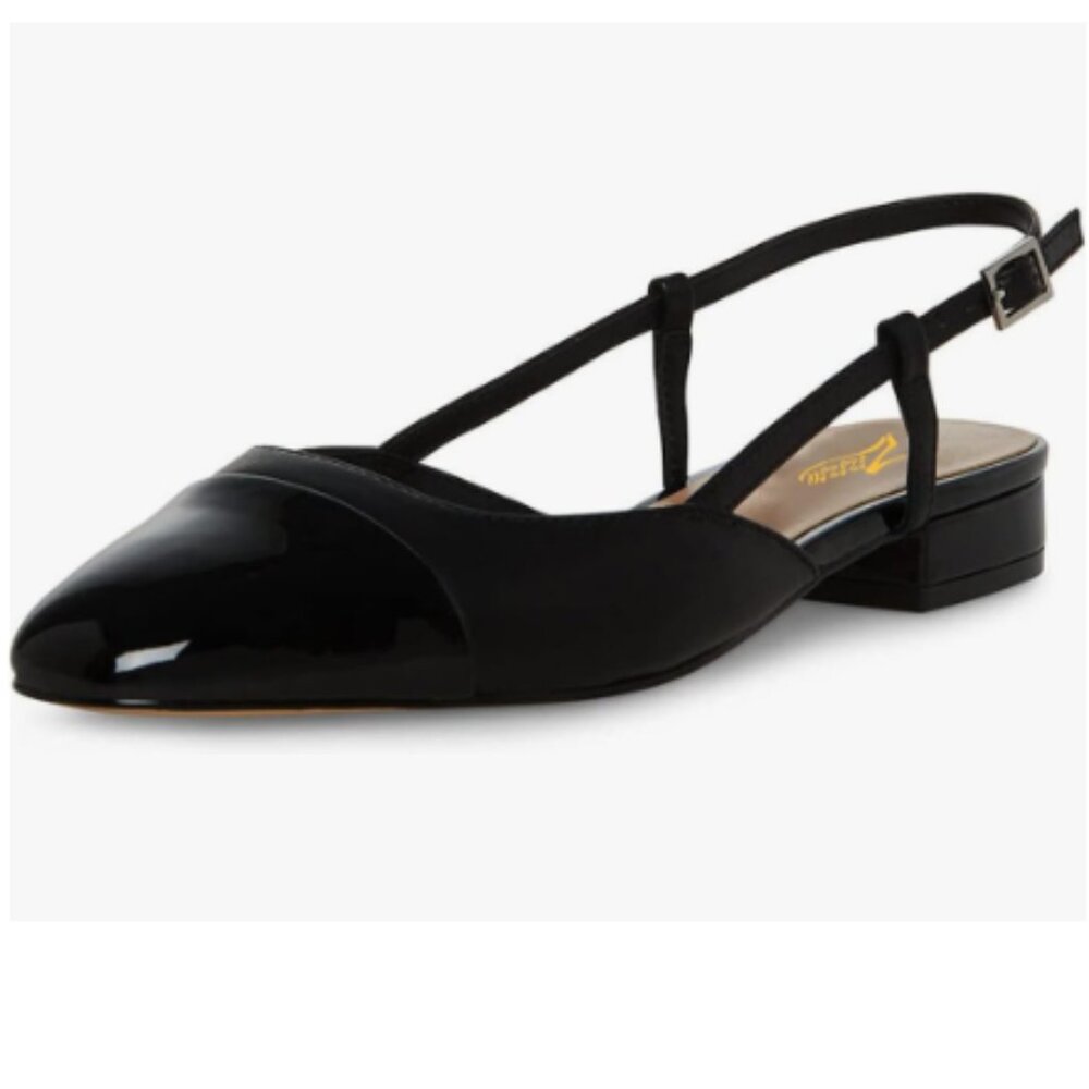 Zszszsu Black Round Cap Toe Slingback Sandals Splicing Low Block Heel Pump